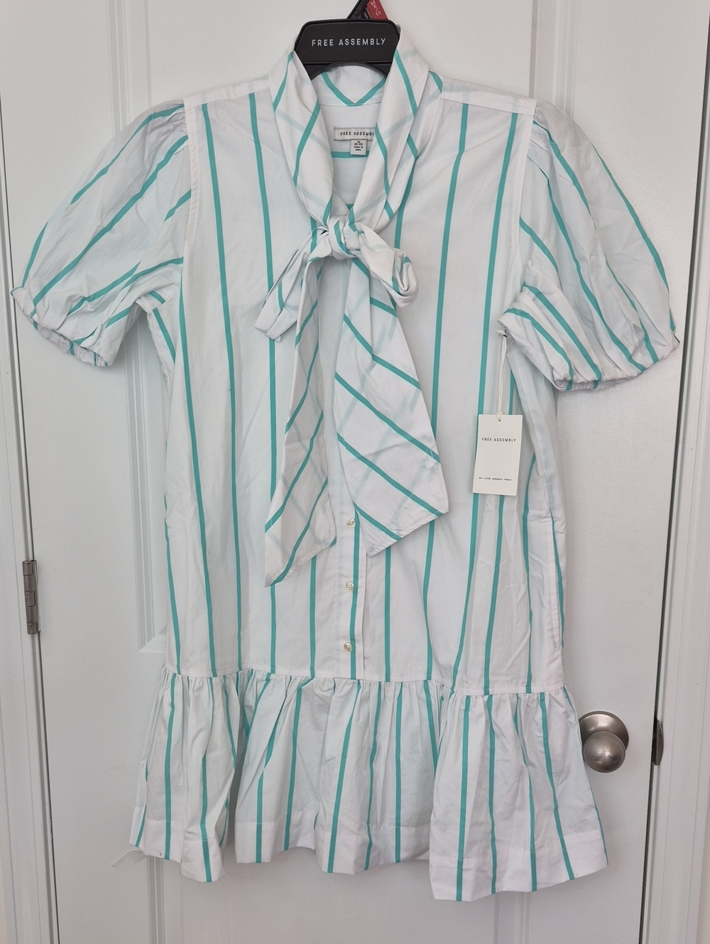 Free Assembly White Midi Dress with Teal Stripe and Tie Neck